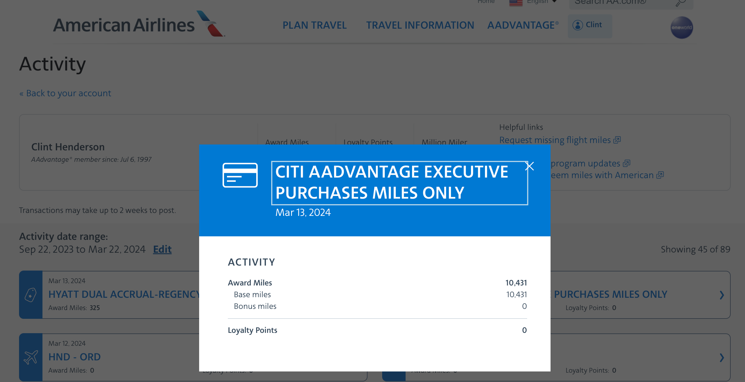 American Airlines Citi AAdvantage miles activity post.